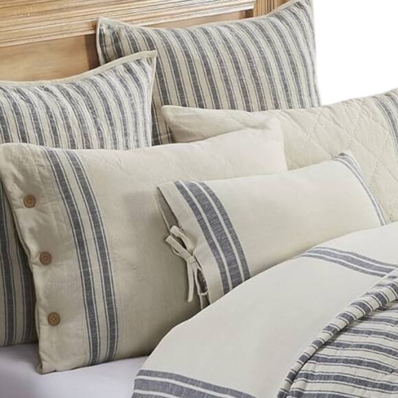 New in Packages Cotton Quilted Natural King Shams Blue Stripes Buttons - Picture 6 of 8